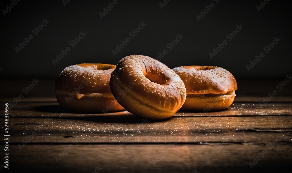  three doughnuts sitting on a wooden table with a black background and a few more doughnuts on the t