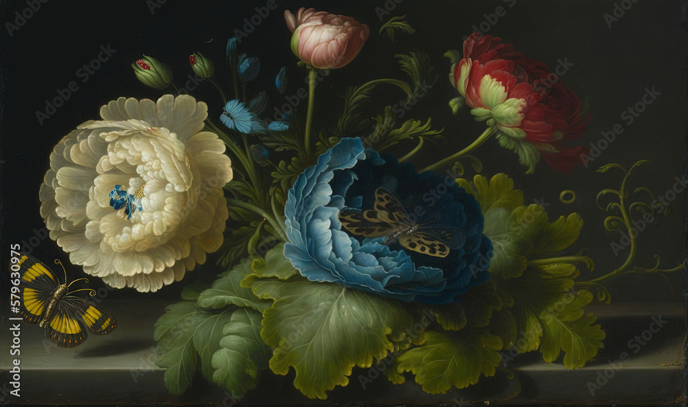  a painting of flowers and a butterfly on a ledge with a butterfly on a leafy plant and a butterfly 