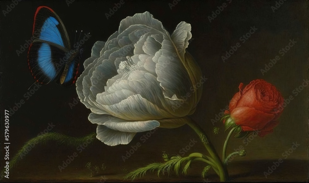  a painting of a flower and a butterfly on a black background with a red rose in the foreground and 