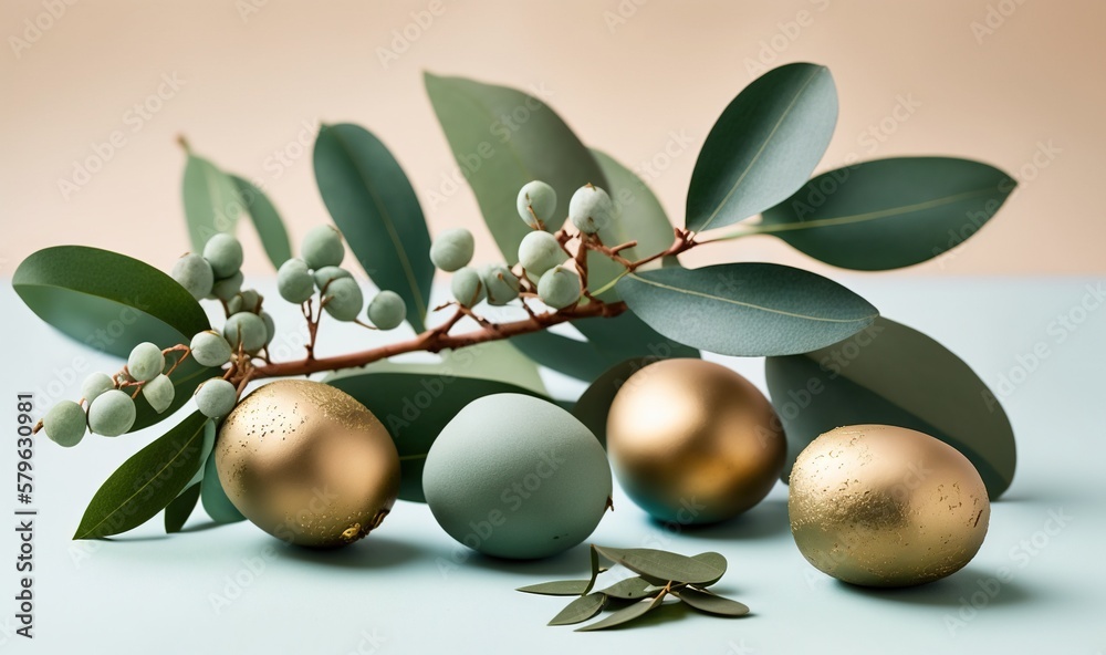  some gold and green ornaments on a branch with leaves and berries on a light blue surface with a li