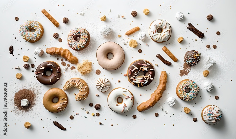  a bunch of doughnuts that are on a white surface with chocolate sprinkles and sprinkles all around 