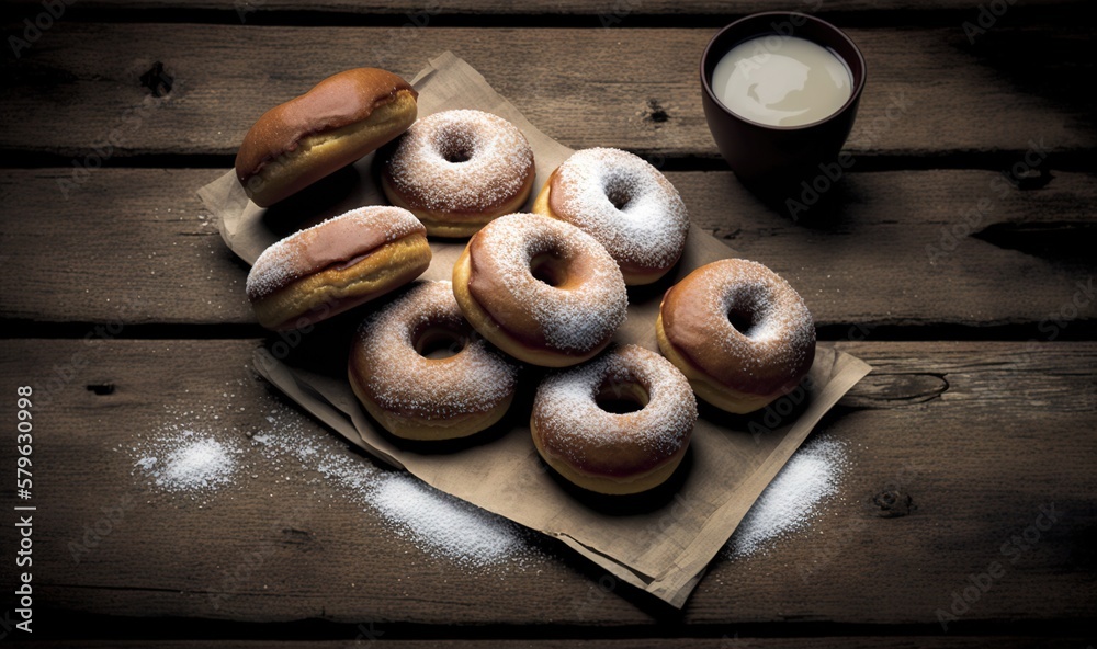  a pile of doughnuts sitting on top of a napkin next to a cup of milk on a wooden table with a napki