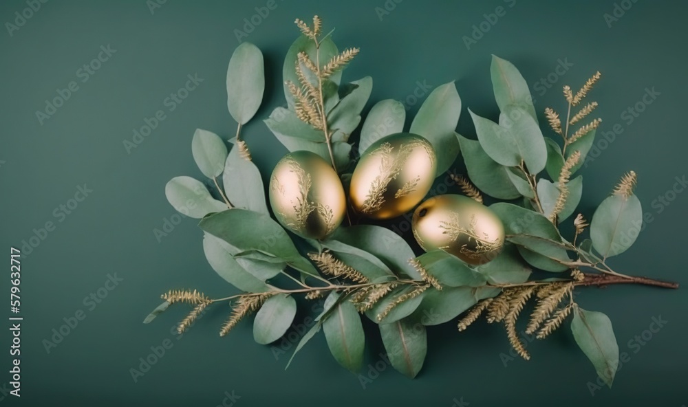  a bunch of golden eggs sitting on top of a green plant branch with leaves on a dark green backgroun