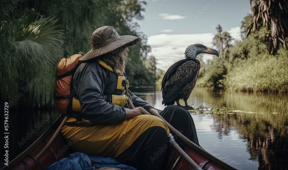  a man in a boat with a bird on his shoulder and a backpack on his shoulder, sitting on the back of 