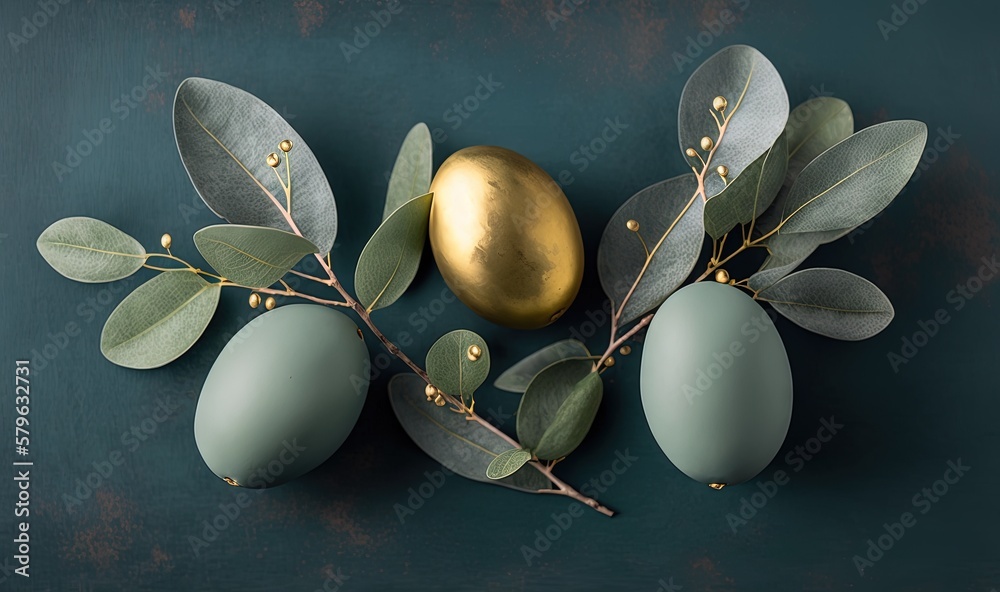  a golden egg surrounded by green leaves and a golden egg on a green background with a gold egg on a