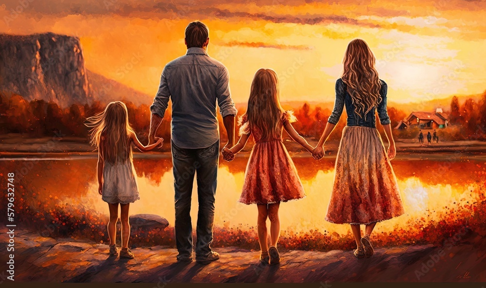  a painting of a family holding hands as the sun goes down over a mountain range and a lake is in th