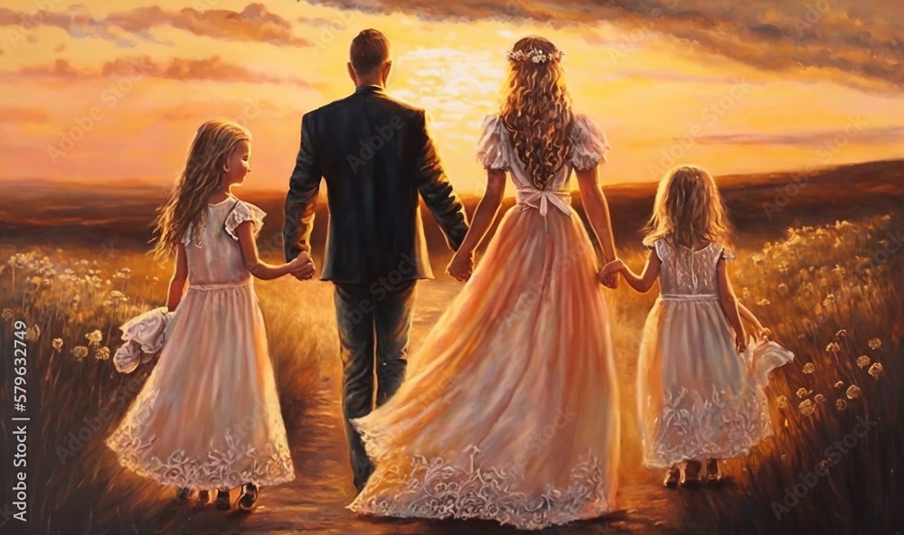  a painting of a man and two little girls walking in a field with a sunset in the background and a m