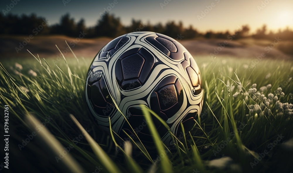  a soccer ball sitting in the grass with the sun setting behind it and trees in the distance in the 