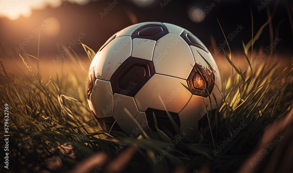  a soccer ball sitting on top of a lush green grass covered field next to a field of tall grass with