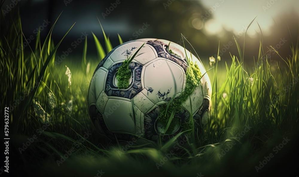  a soccer ball sitting in the grass on a field of grass with the sun shining on the grass and the ba