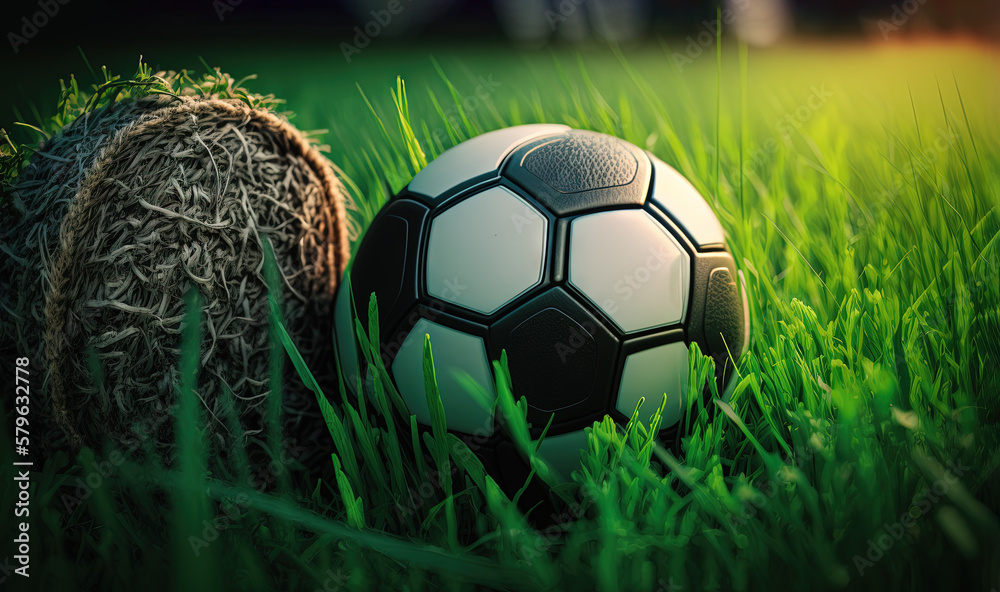  a soccer ball sitting in the grass next to a ball on a ball holder in the middle of a field of gras