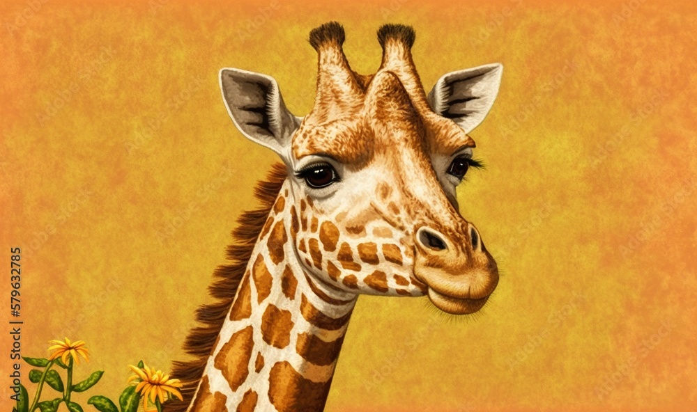  a painting of a giraffe with flowers in front of a yellow background with a yellow background and a