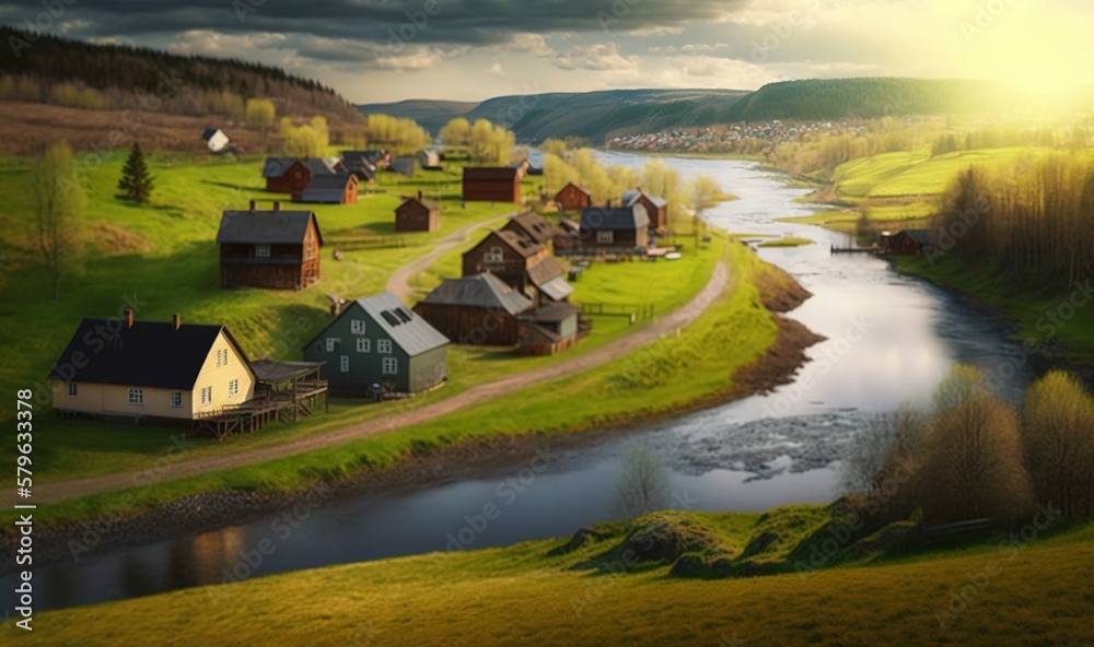  an aerial view of a small village by a river in the countryside with houses and a bridge in the for