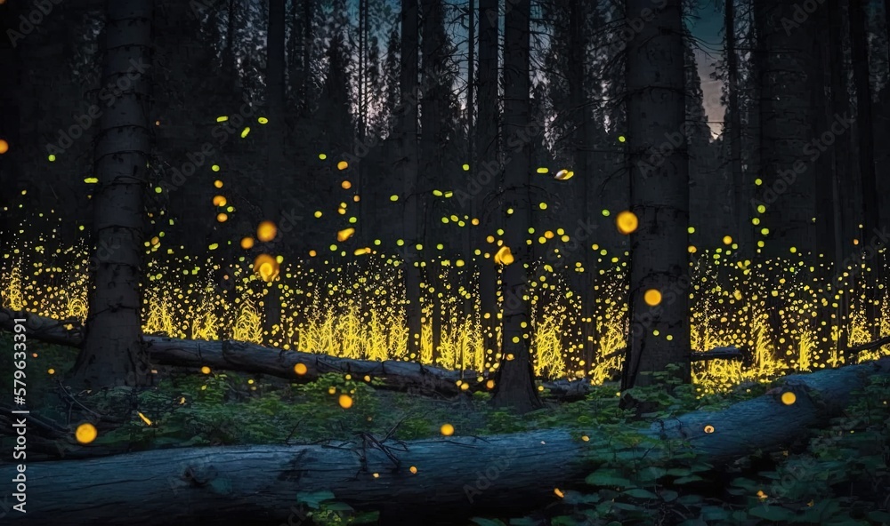  a forest filled with lots of fireflies flying through the air over trees and bushes at night with b