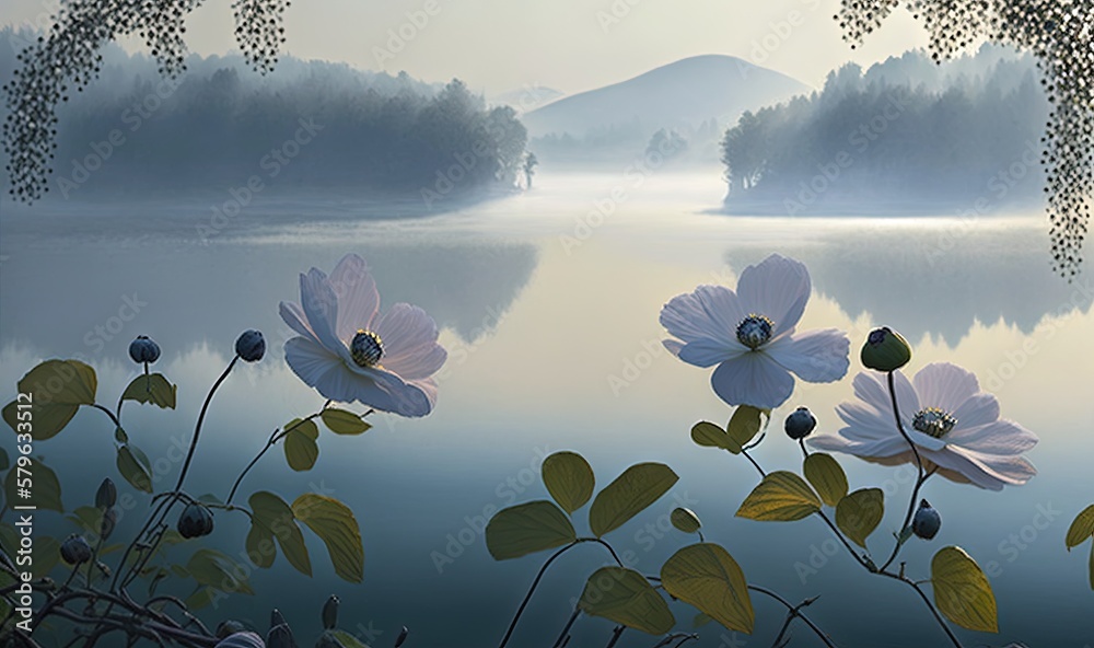  a painting of a lake with flowers in the foreground and a mountain in the background with fog in th