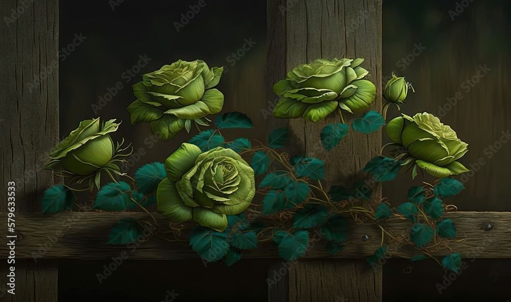  a painting of a bunch of green roses on a wooden fence post with green leaves on the stems and a gr