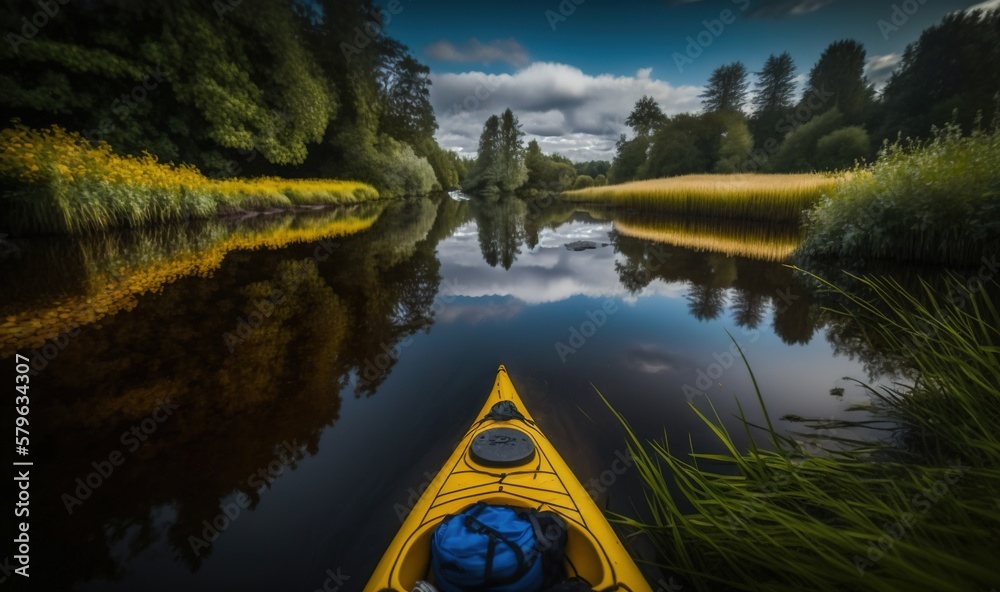  a yellow kayak in the middle of a river surrounded by tall green grass and tall grass covered trees