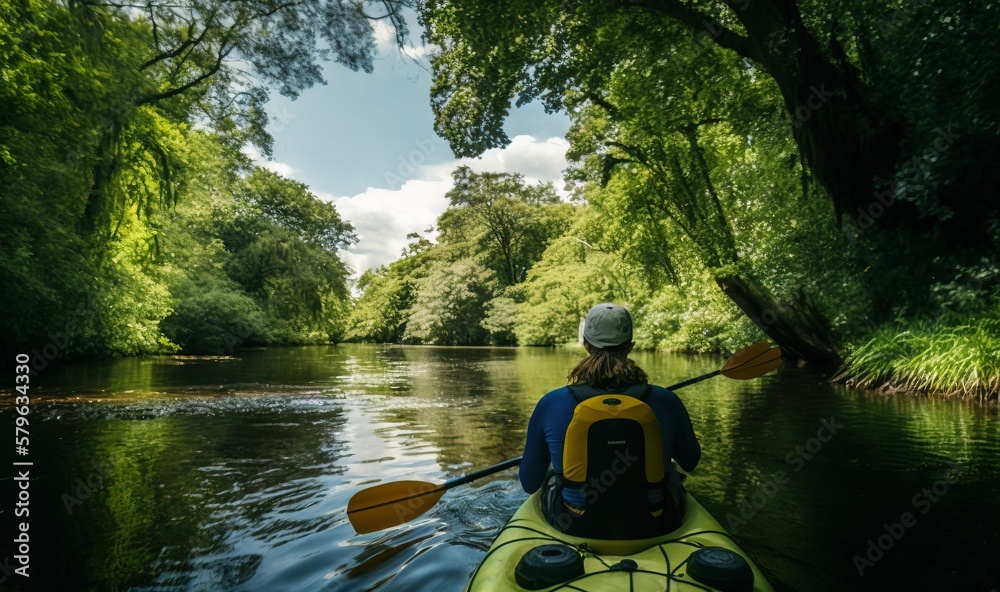  a person in a kayak paddling down a river in a wooded area with trees on either side of the river a