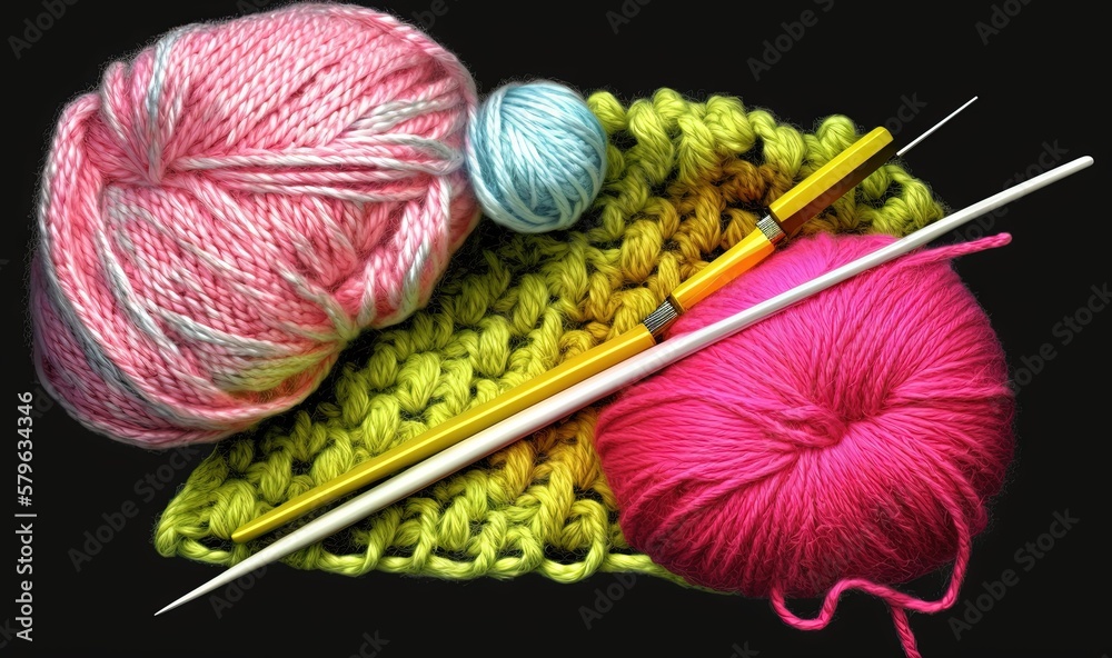  two balls of yarn and two knitting needles on a crochet mat with yarn balls in the background and a