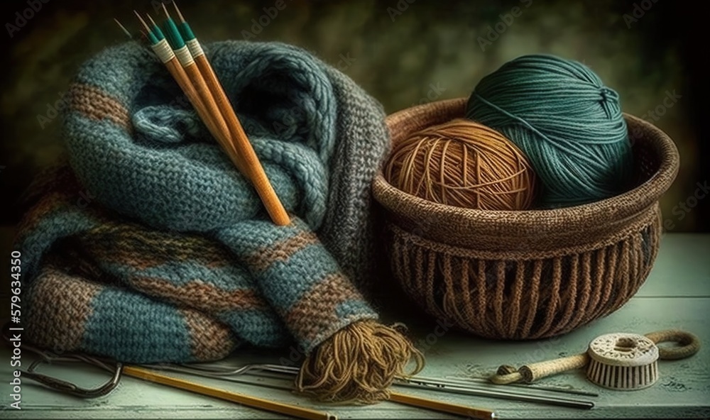  a painting of a basket of yarn and knitting needles with a knitting kit in the foreground and a pai