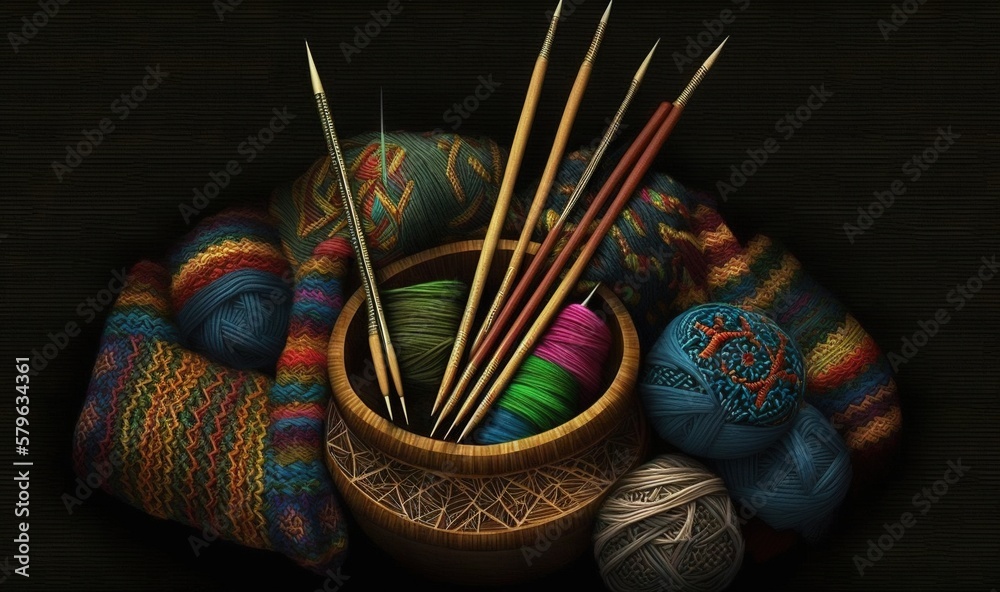  a basket filled with yarn and knitting needles next to a ball of yarn and a ball of yarn on top of 