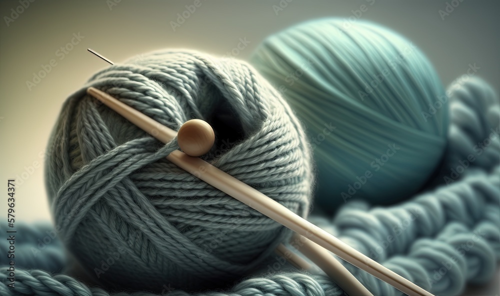  a ball of yarn and two knitting needles on a table top with a ball of yarn and two knitting needles