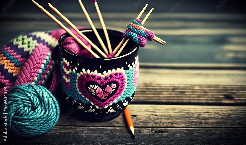  a cup filled with yarn next to a ball of yarn and a knitting needle on a wooden surface with a croc