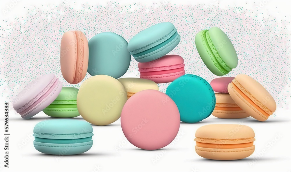  a pile of colorful macaroons on a white background with a splash of paint on the top of the macaroo