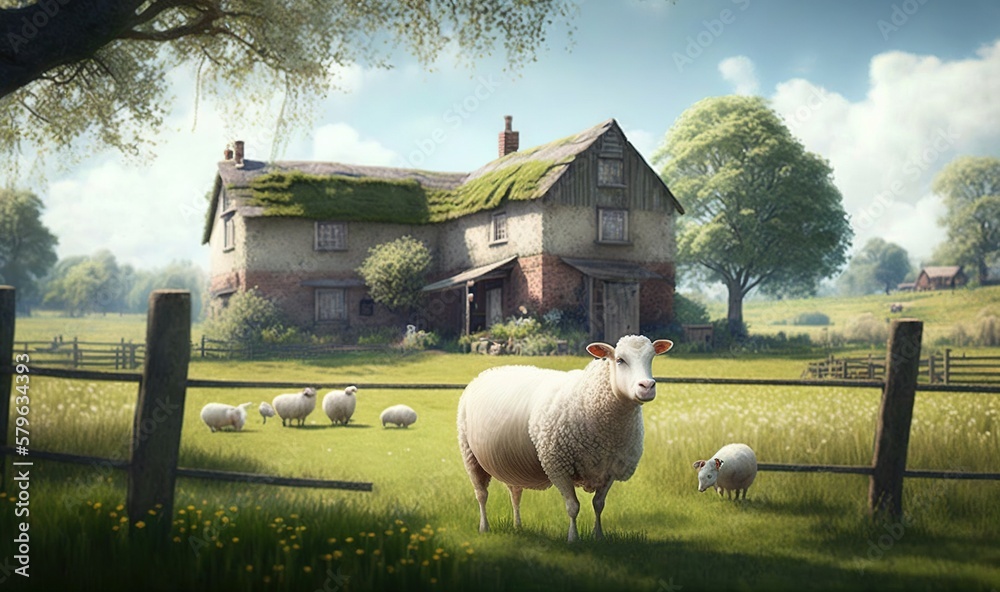  a painting of a sheep in a field with a house in the background and sheep in the foreground, and sh