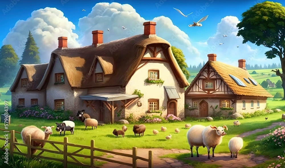  a painting of a farm house with sheep grazing in front of it and a bird flying over the roof of the