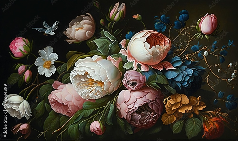  a painting of flowers in a vase with a butterfly on a black background, with a black background and