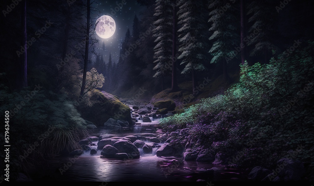  a river running through a lush green forest under a full moon filled sky with a full moon in the sk