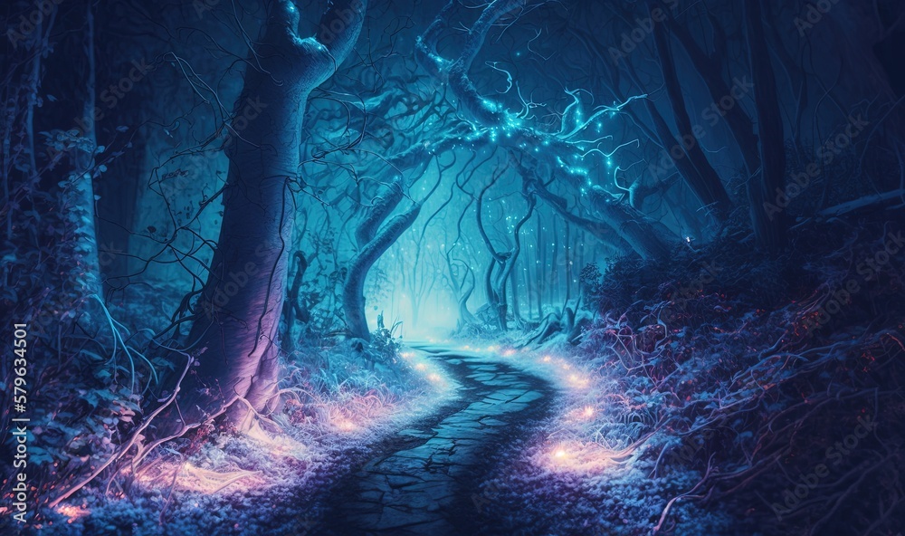  a painting of a path through a dark forest with glowing lights on the trees and bushes on either si