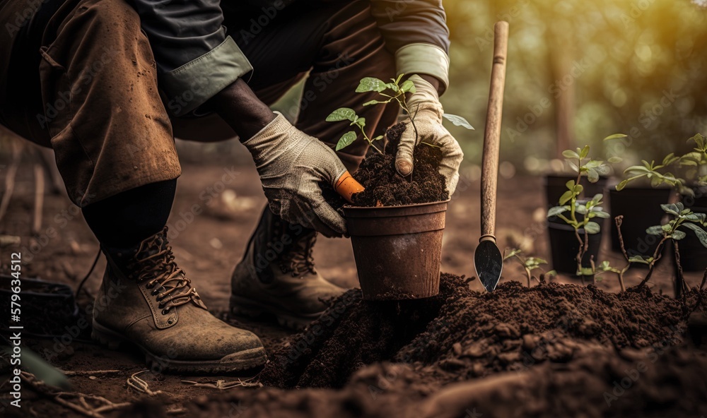  a man is planting a tree in the dirt with a shovel and a shovel in his hand and a shovel in the gro