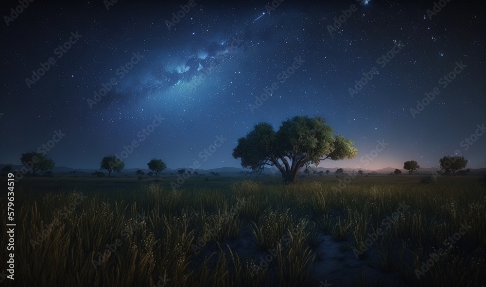  a night sky with stars and a tree in the foreground and a field of grass in the foreground with a s