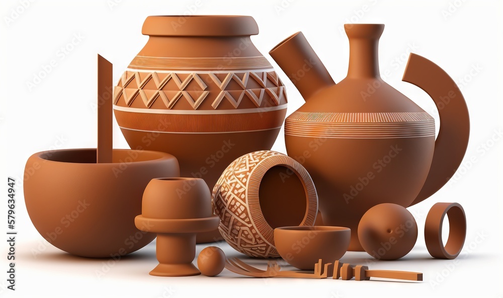  a group of clay pots and bowls with a white background and a white background with a white backgrou