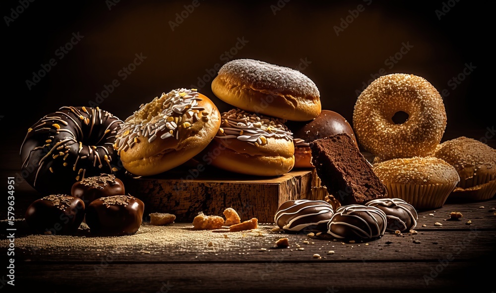  a pile of assorted donuts sitting on top of a wooden table next to a pile of chocolate covered donu