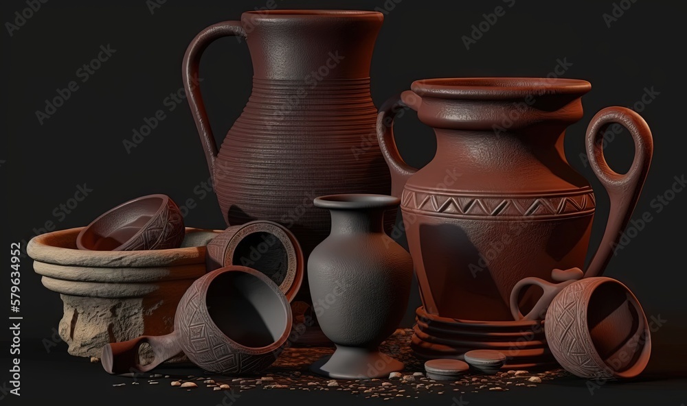  a group of clay vases sitting on top of a pile of dirt next to a bowl and a vase with a lid on it. 