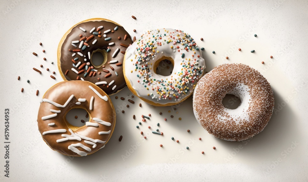  a group of three donuts sitting on top of a white table next to a cup of coffee and a donut with sp