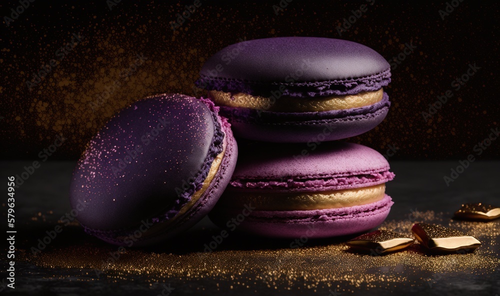  a pile of purple macaroons sitting on top of a table next to a pile of gold flecks on the ground ne