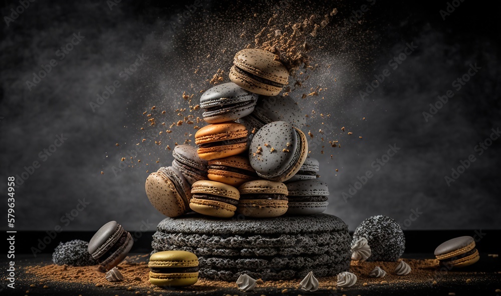  a pile of different types of macaroons on a table with a black background and dust coming out of th