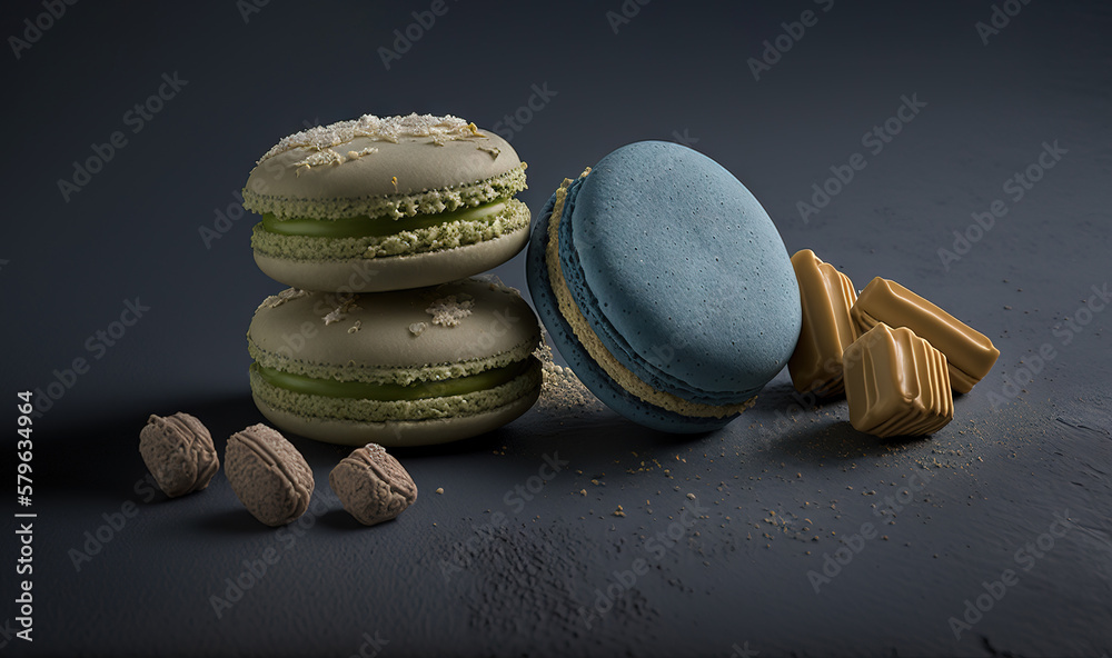  a pile of macaroons and some macaroni shells on a black surface with a dark background and a few mo