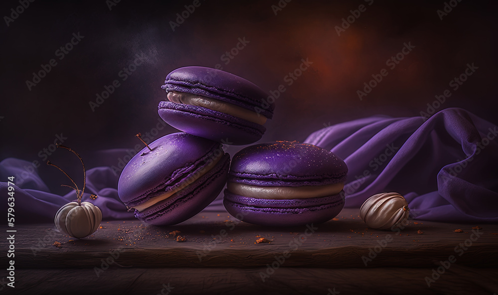  a painting of purple macaroons and two pumpkins on a wooden table with a cloth draped in the backgr