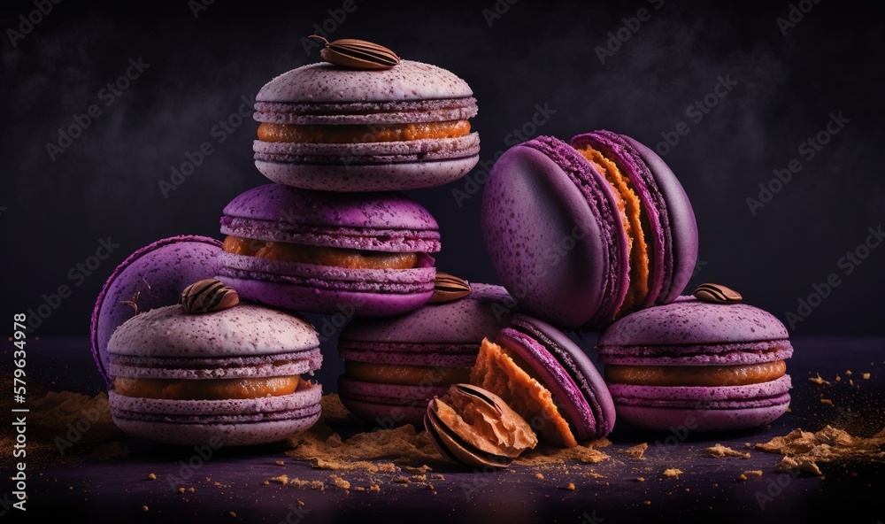  a pile of purple macaroons sitting next to each other on top of a pile of brown powdered sugar on t