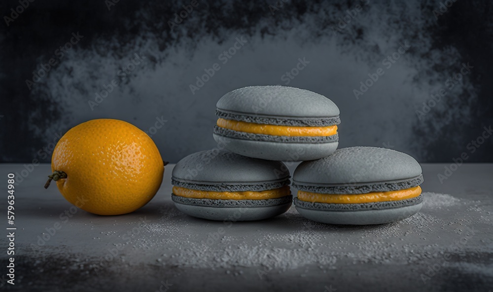  three macaroons and an orange on a gray surface with a black background and a gray background behin