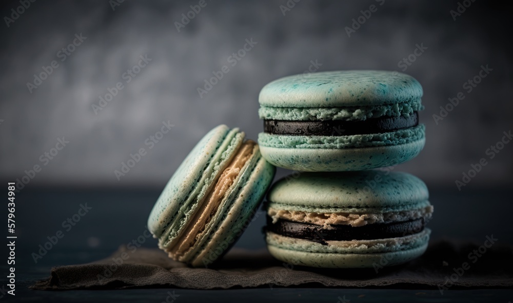  a stack of green and black macaroons sitting on top of a piece of wax paper on a wooden tablecloth 