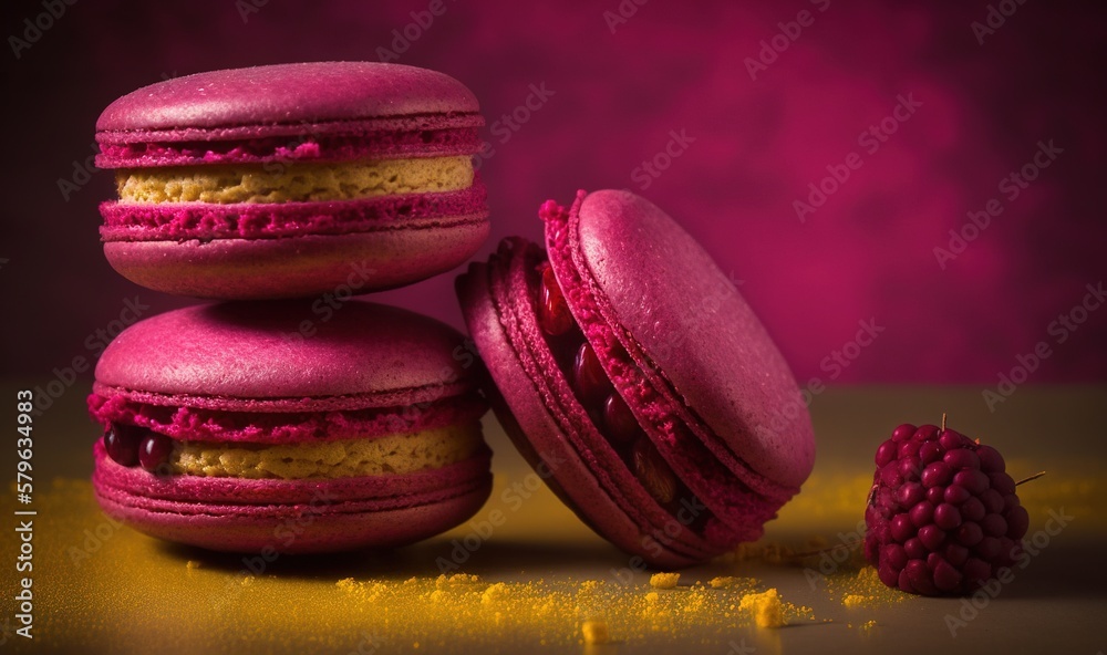  a pink macaroon and a raspberry on a yellow tablecloth with a pink background and a raspberry in th