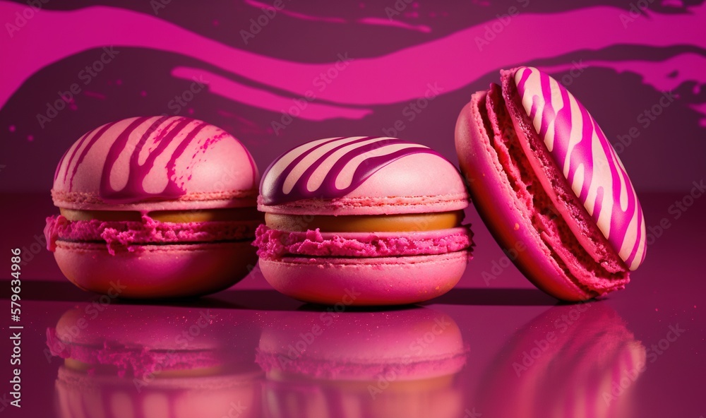  three macaroons with pink frosting on a purple surface with a pink wave behind them and a pink back