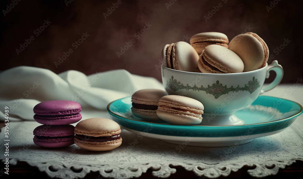  a cup of tea with macaroons on a saucer and a plate of macaroons on a lace doily on a tablecloth.  