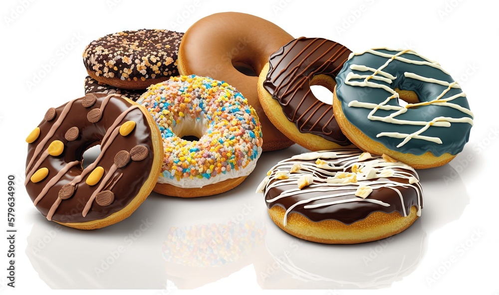  a group of donuts with different toppings on them are shown in a row on a white surface with a refl